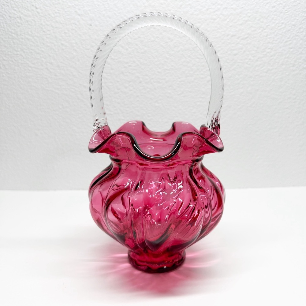 Vintage Fenton Country Cranberry Swirl Melon Art Glass Basket